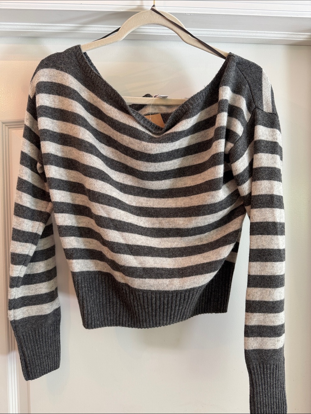 Cashmere-blend Striped Charcoal and Light Gray Boatneck Women's Sweater. NWT